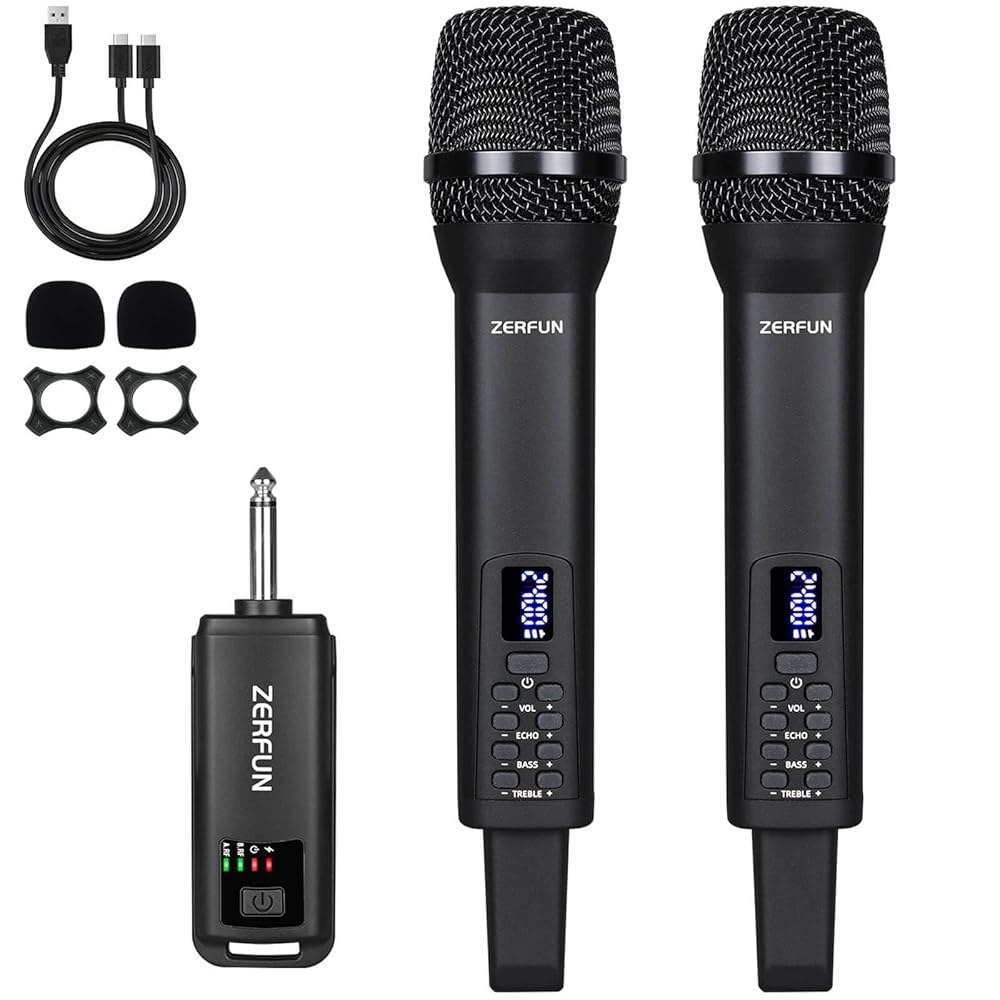 ZERFUN 듀얼 충전식 무선 마이크, 노래방 노래 교회 파티를 위한 에코 트레블 BASS VOL 제어 기능이 있는 프로 핸드헬드 1/4인치 출력, 블랙 2 Mics Black - 상품 이미지