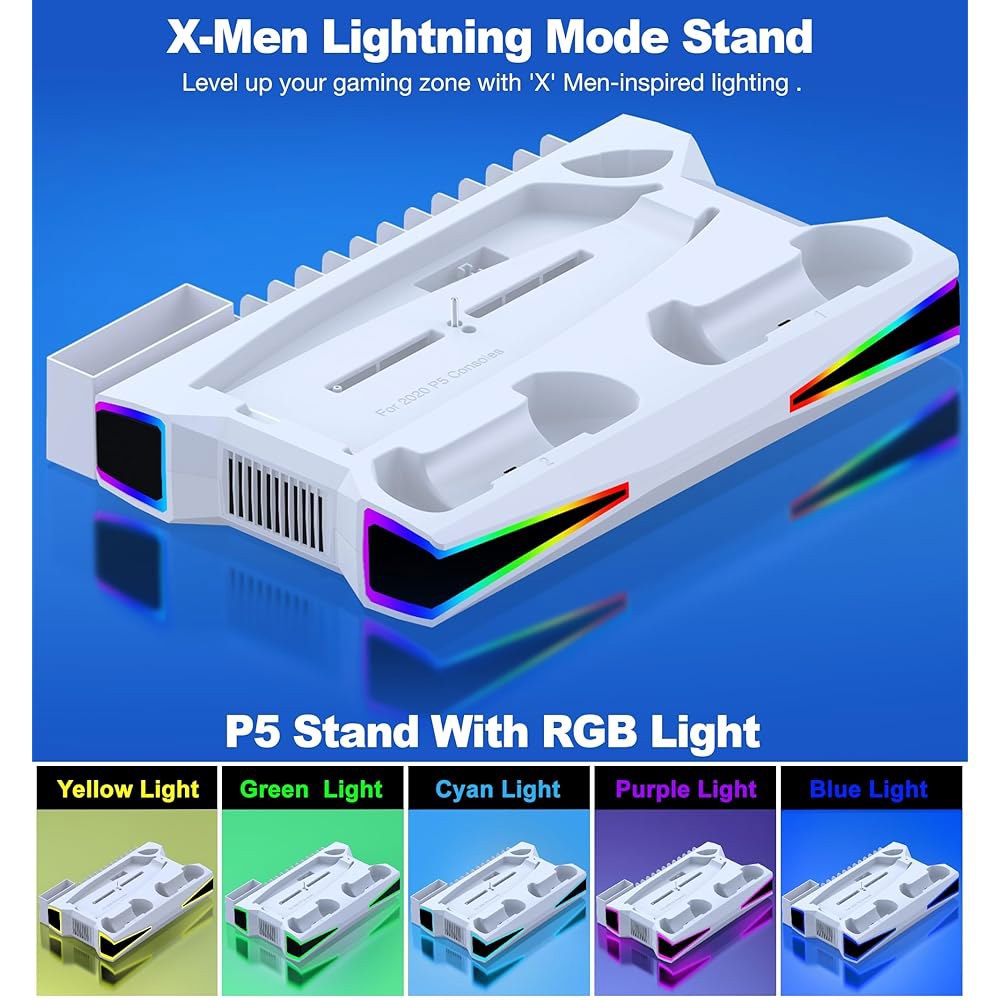 플레이스테이션 5 /Pro /Slim 콘솔용 카웨이 PS5 스탠드 냉각 스테이션, 2.36인치 대형 P5 팬 팬, RGB 조명, 듀얼 컨트롤러 충전기, 헤드셋 홀더, 3개의 충전기 - 상세 이미지 3