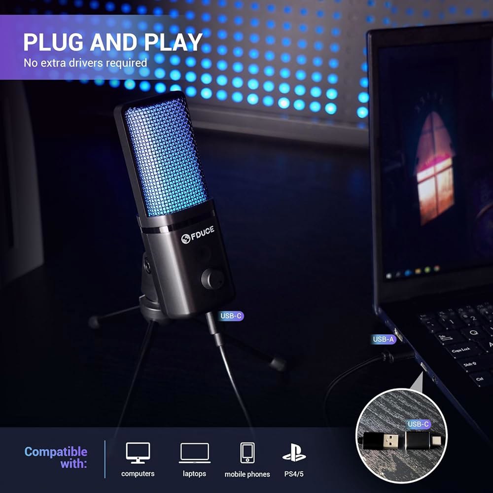 PC용 FDUCE 게이밍 USB 마이크, 삼각대 스탠드 포함, 퀵 음소거, 게인 컨트롤, 스트리밍용 카디오이드 팟캐스트, 트위치, 유튜브, PC, 컴퓨터, PS5, (M160) - 상세 이미지 2