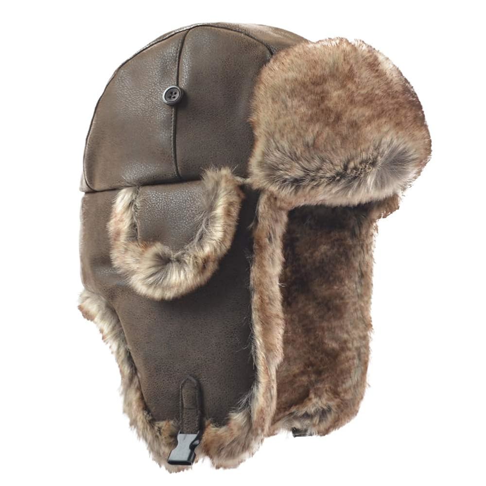 FORDALLIO 추운 날씨 가짜 모피 귀 덮개 덫 사냥꾼 모자 러시아 소비에트 우산 부대 조종사 2 Faux Fur / Size M Brown - 상품 이미지