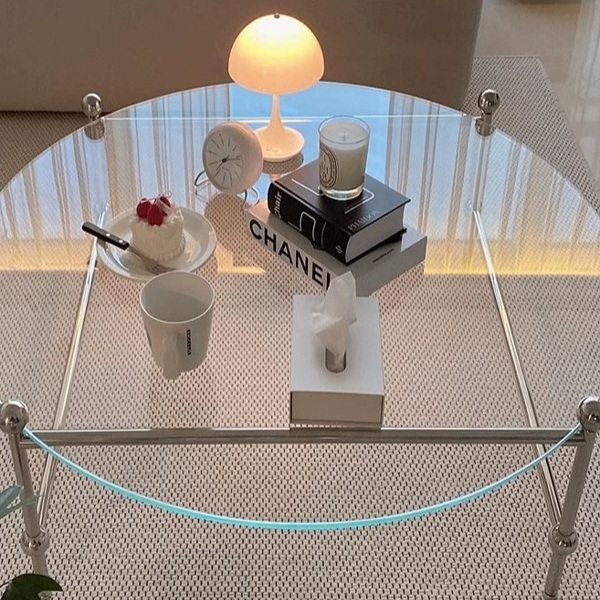 둥근 글라스 좌식테이블 원형 강화유리 투명 유리상판 스테인레스 스틸다리 40x40x35 - 상세 이미지 3