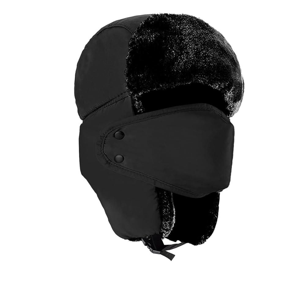 TZ, 페이스 마스크 이어플랩이 달린 남녀 공용 겨울 덫 러시아 모자 약속 인조 모피 아웃도어 Black One Size - 상품 이미지