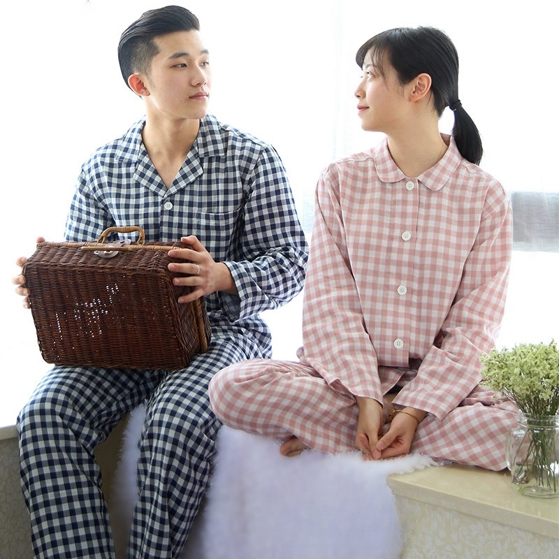 커플잠옷 여성 남성 수면 잠옷 파자마 체크 패턴 무지 커플 카라 버튼 패밀리 - 상품 이미지