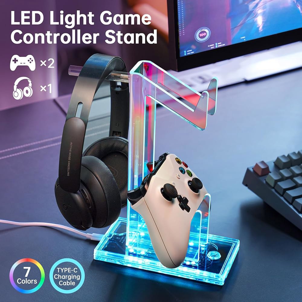 맞춤형 LED 조명, USB 전원 7가지 색상 및 3가지 모드, 미끄럼 방지 게이밍 책상 정리함 케이블 관리 기능을 갖춘 NiHome 아이리데센트 아크릴 멀티 티어 게임 컨트롤러 - 상세 이미지 2