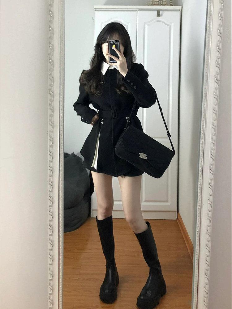 여성 허리조절 블랙 수트 자켓 가을 겨울 고급스러운 스타일 블랙 s - 상세 이미지 3