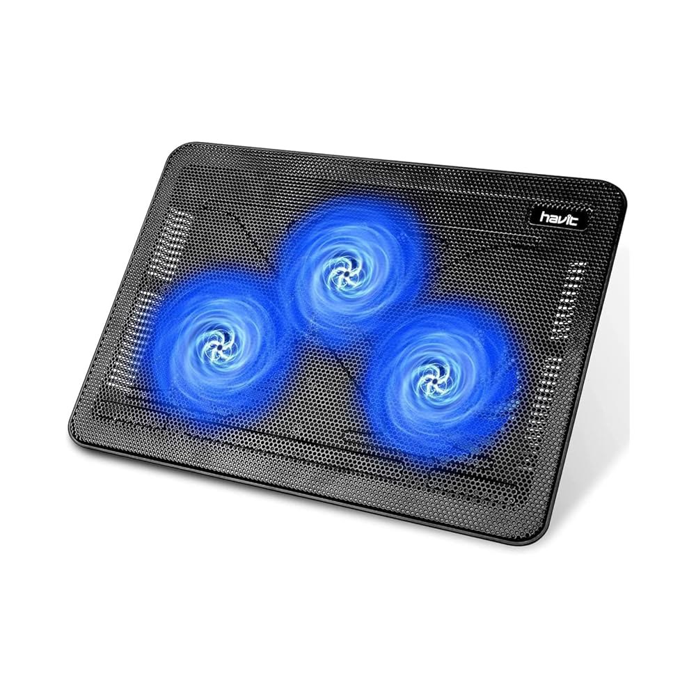 havit HV-F2056 15.6 -17 노트북 쿨러 냉각 패드 - 슬림 휴대용 USB 전원 공급(3개의 팬), 블랙/블루 Black+Blue - 상품 이미지