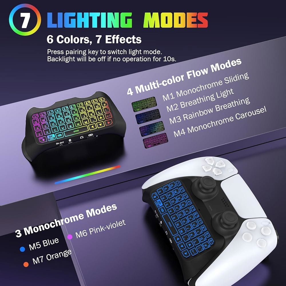 PS5 컨트롤러용 TiMOVO RGB 백라이트 키보드, PlayStation 5 무선 블루투스 키패드 채팅패드, 미니 멀티 컬러 게임 키보드 내장 3.5mm 오디오 잭, 블랙 - 상세 이미지 3