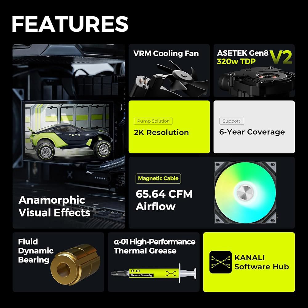 TRYX 360 ARGB 360mm AIO 6.67인치 AMOLED 곡면 스크린 3D 아나모픽 효과 디스플레이 맞춤형 쿨러 Asetek 8세대 V2 320w TDP 마그네틱 팬 - 상세 이미지 2