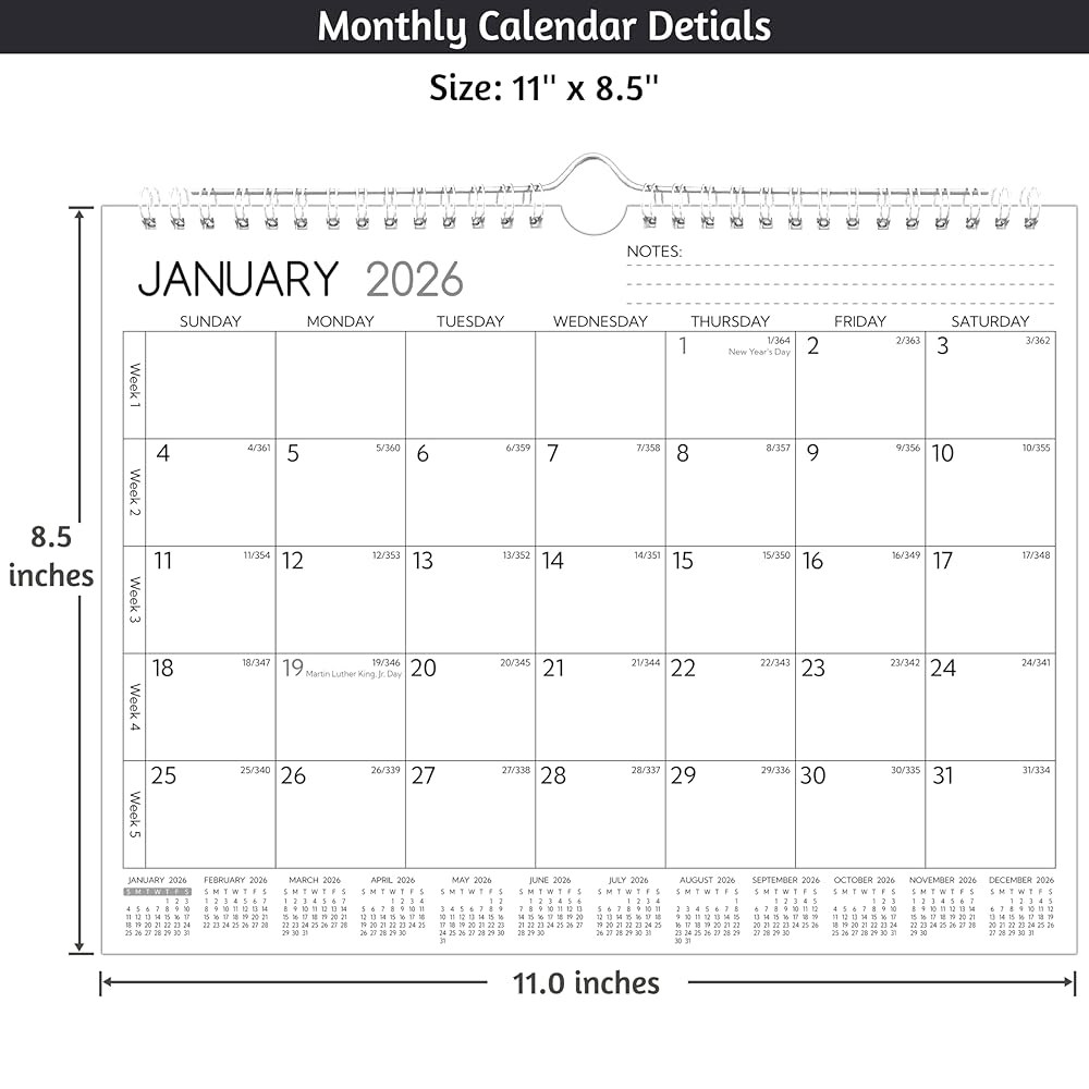벽걸이 달력 2026-2027 2년 두꺼운 - 블록, 2026년 유선 포함 8.5인치), 2026, 일 월간 12월 소형 및 메모 종이, 2026-2027, 할 21.6cm(11 - 상세 이미지 3