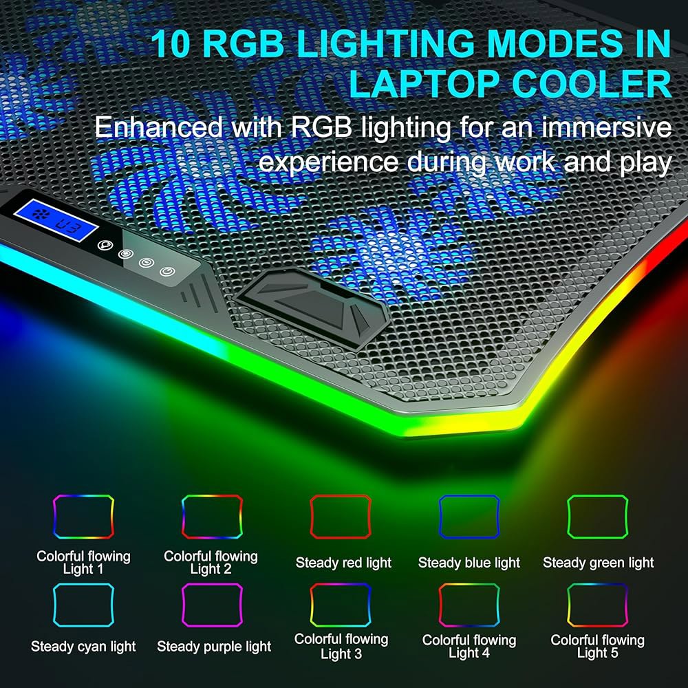 책상과 무릎 사용을 위한 노트북 쿨링 패드 RGB 게이밍 쿨러, 8개의 조용한 팬과 휴대폰 홀더가 있는 조절 가능한 높이, 15.6-17.3인치 - 블루 LED 조명 Blue - 상세 이미지 3