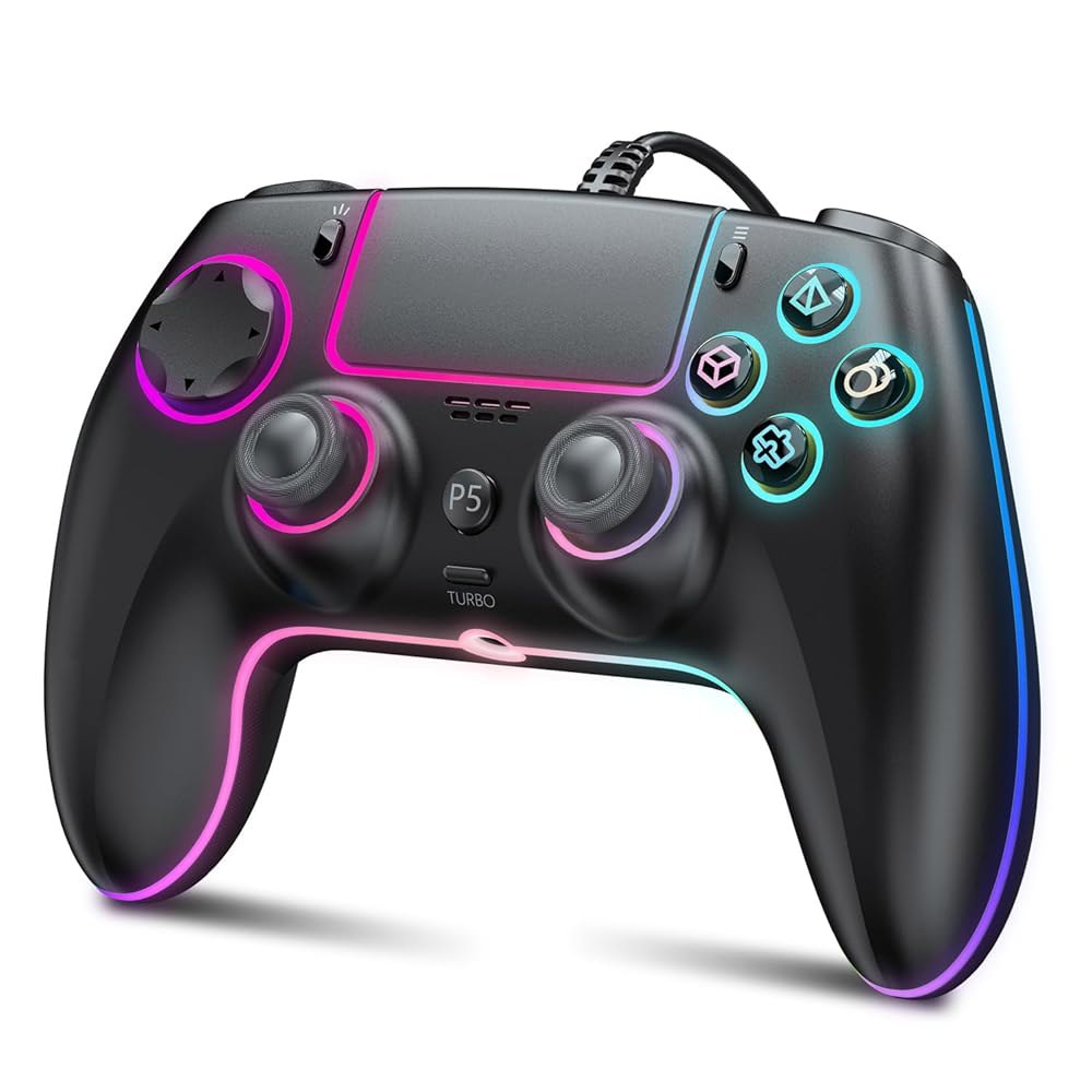 홀 효과 조이스틱과 트리거가 있는 PS5/PS4 및 PC용 GUOC RGB 유선 컨트롤러, 3.5mm 오디오 잭, 튜브로/마크로 기능 지원, 듀얼 진동 6축 모션 컨트롤 게임패드 - 상품 이미지