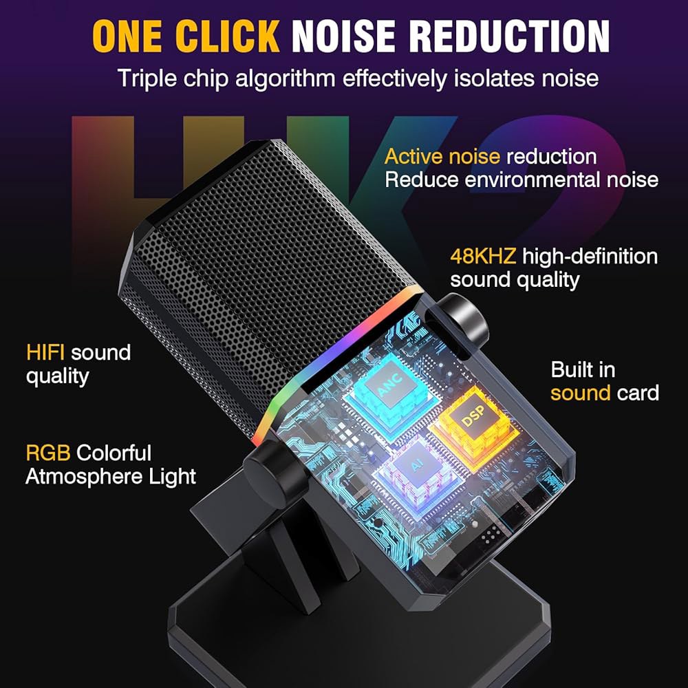 Facmogu HK2 게이밍 마이크, PC용 USB 다이내믹 RGB 조명이 있는 컴퓨터 스트리밍 음소거 버튼, 게인 컨트롤, 스튜디오 트위치 유튜브 녹화용 데스크톱 팟캐스트 마이크 - 상세 이미지 3