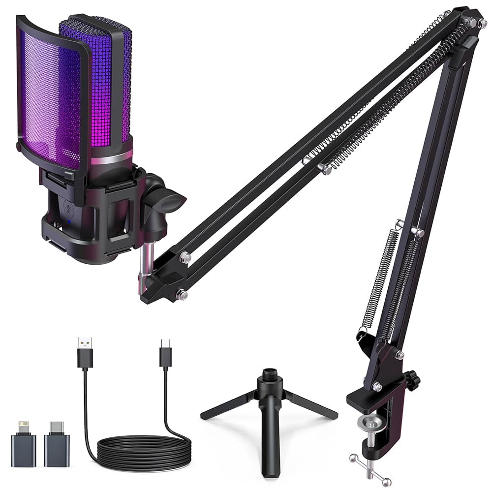 ZealSound 게이밍 USB 마이크, 노이즈 캔슬링 콘덴서 음소거, 게인, 모니터링, 붐 암, 휴대폰, PC, 컴퓨터용 팝 필터, PS4, PS5, Mac, 스트리밍, 팟캐스트 - 상품 이미지