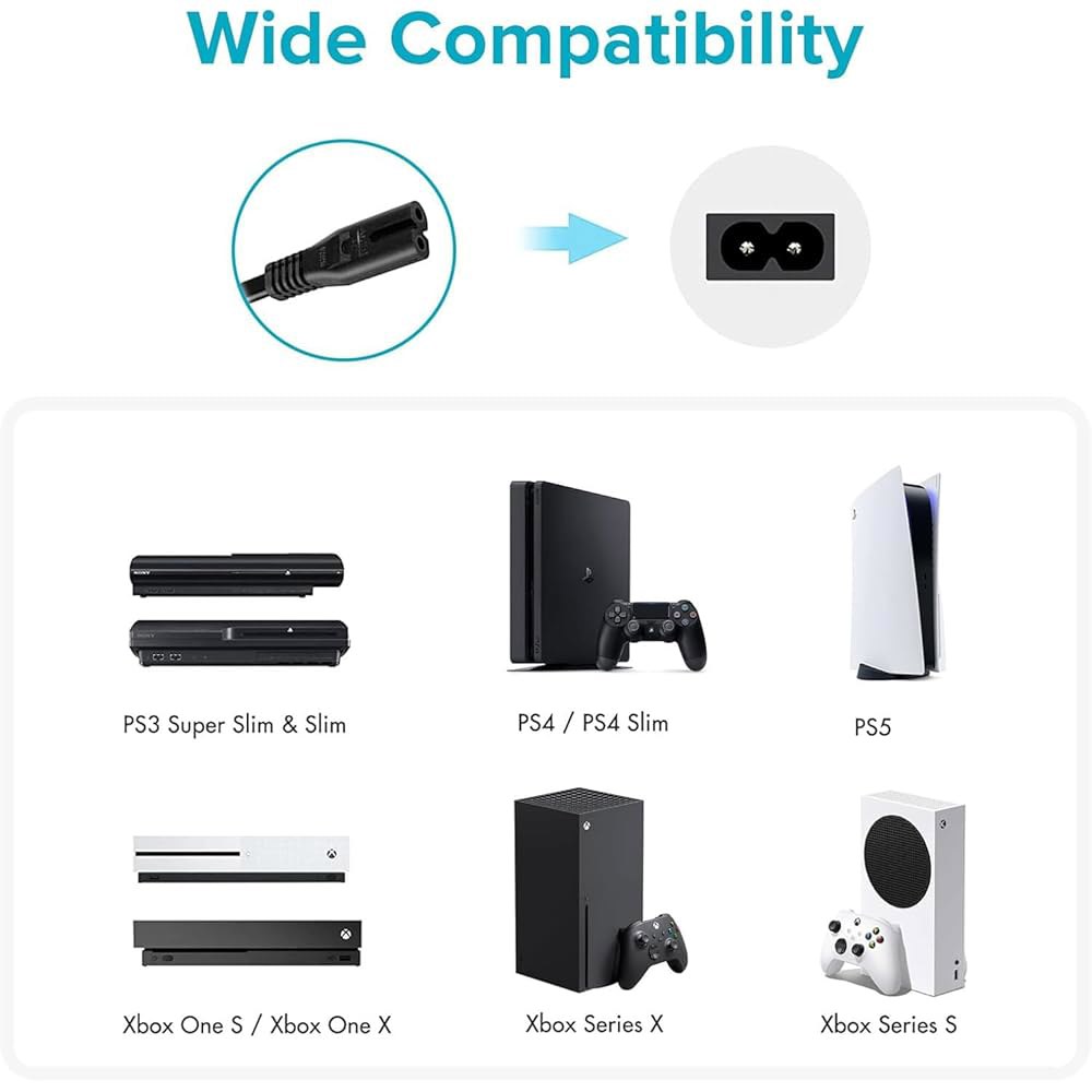 PS5 전원 코드 및 Xbox Series X /S 케이블 - PlayStation 5 /PS4 슬림 /PS3, One /S, /S용 2팩 교체 AC 공급 내구성 - 상세 이미지 2