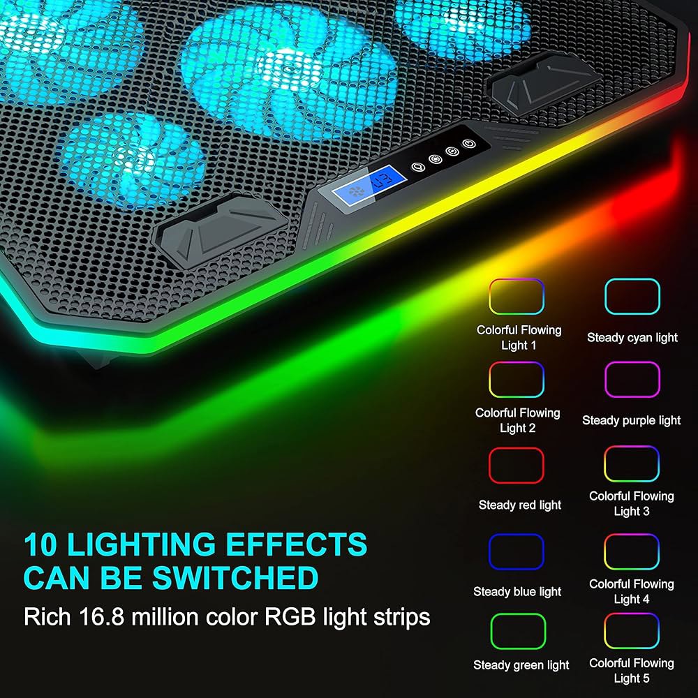 책상과 무릎에 사용할 수 있는 탑메이트 C12 노트북 쿨링 패드 RGB 게이밍 쿨러, 6개의 조용한 팬과 휴대폰 홀더가 8개의 조절 가능한 높이, 15.6-17.3인치 노트북-아이 - 상세 이미지 3