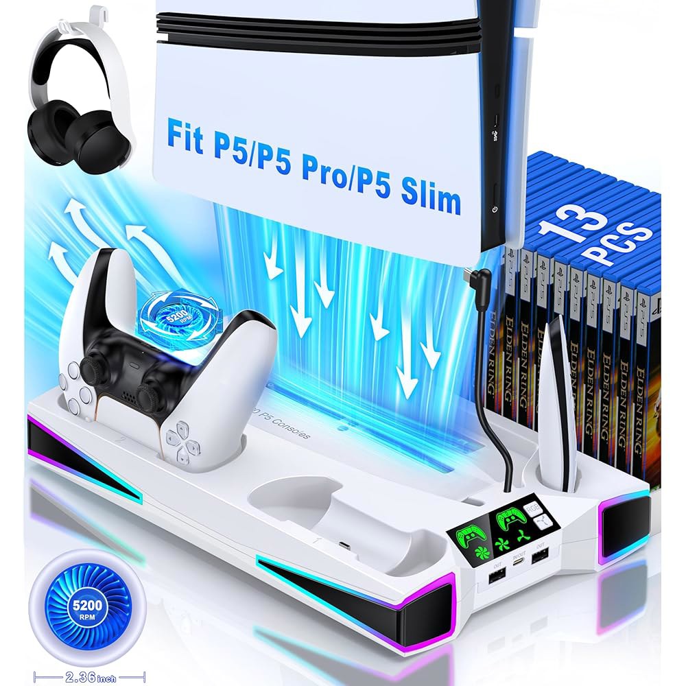 플레이스테이션 5 /Pro /Slim 콘솔용 카웨이 PS5 스탠드 냉각 스테이션, 2.36인치 대형 P5 팬 팬, RGB 조명, 듀얼 컨트롤러 충전기, 헤드셋 홀더, 3개의 충전기 - 상품 이미지