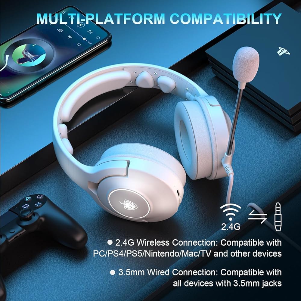 PS5 PS4 PC용 YOTMS 무선 게이밍 헤드셋, 노이즈 캔슬링 마이크가 장착된 게임 헤드폰, 30시간 이상 7.1 서라운드 사운드 스위치폰(2.4GHz WiFi 모드), Xb - 상세 이미지 3