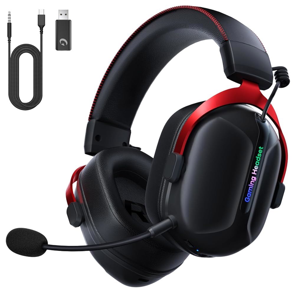 곤부요쿠 무선 게이밍 헤드셋, PS5, PS4, PC, 포트나이트, 스위치, 맥(블루투스 5.3, 60H 배터리 포함), ENC 노이즈 캔슬링 마이크, 게이머 헤드폰, 레드용 2. - 상품 이미지