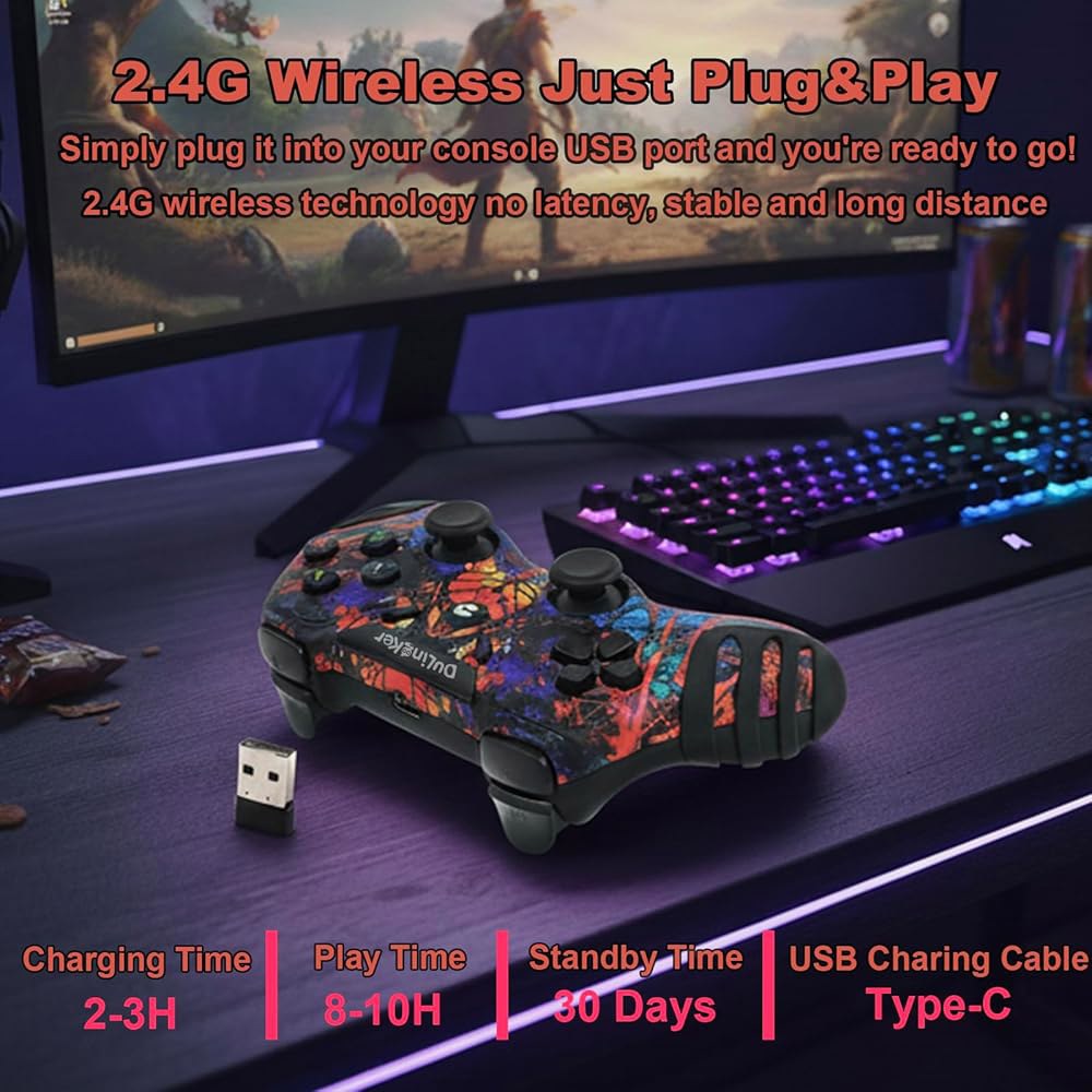 듀얼링커 PC 컨트롤러 무선, 홀 이펙트 조이스틱 및 듀얼 진동 기능이 있는 PS3 게임패드, 윈도우 11 10 8용 2.4G 무선 게이밍 컨트롤러, PS3, 안드로이드 TV, - 상세 이미지 3
