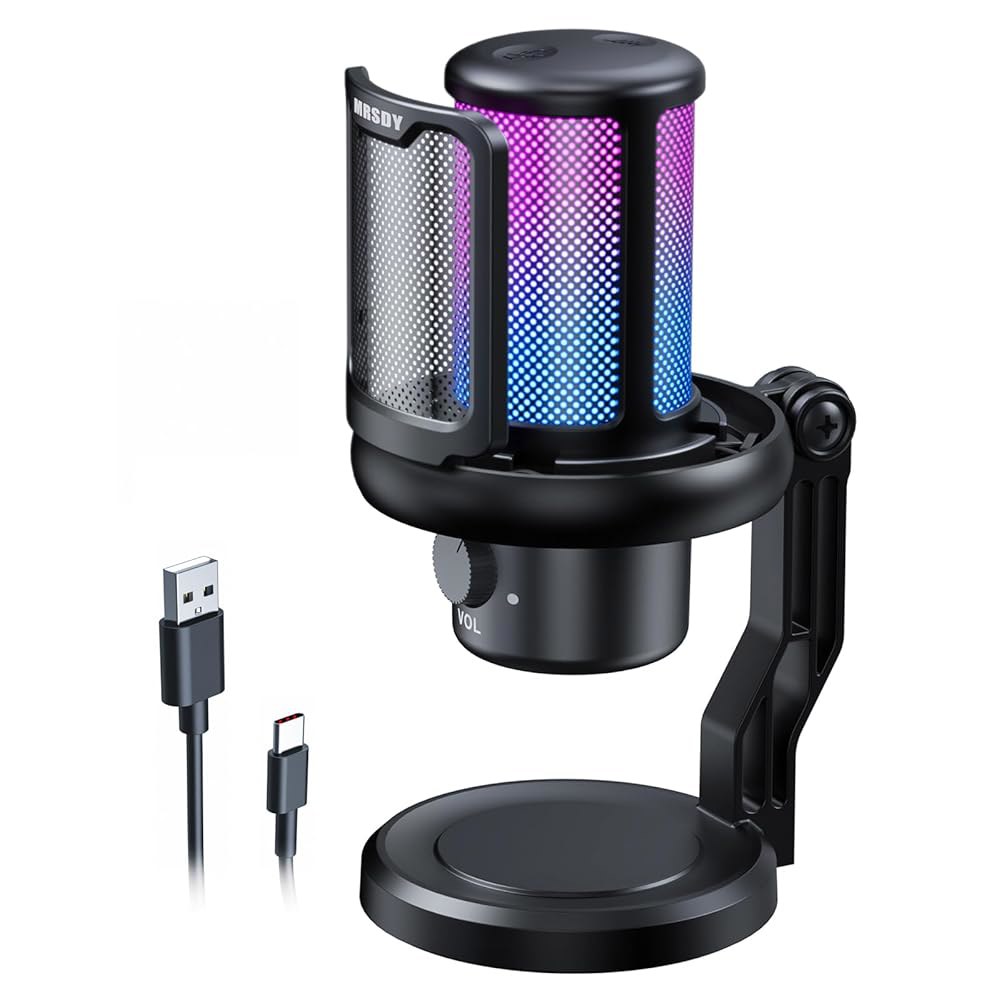 MRSDY 게이밍 마이크, 헤드폰 잭, 음소거, 게인, RGB가 포함된 USB 노이즈 캔슬링 콘덴서 PC, 컴퓨터, PS4, PS5, Mac, 스트리밍, 팟캐스트, 녹음, 유튜브, - 상품 이미지