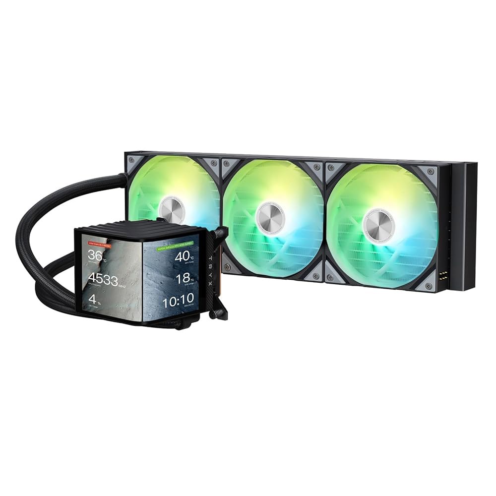 TRYX 360 ARGB 360mm AIO 6.67인치 AMOLED 곡면 스크린 3D 아나모픽 효과 디스플레이 맞춤형 쿨러 Asetek 8세대 V2 320w TDP 마그네틱 팬 - 상품 이미지