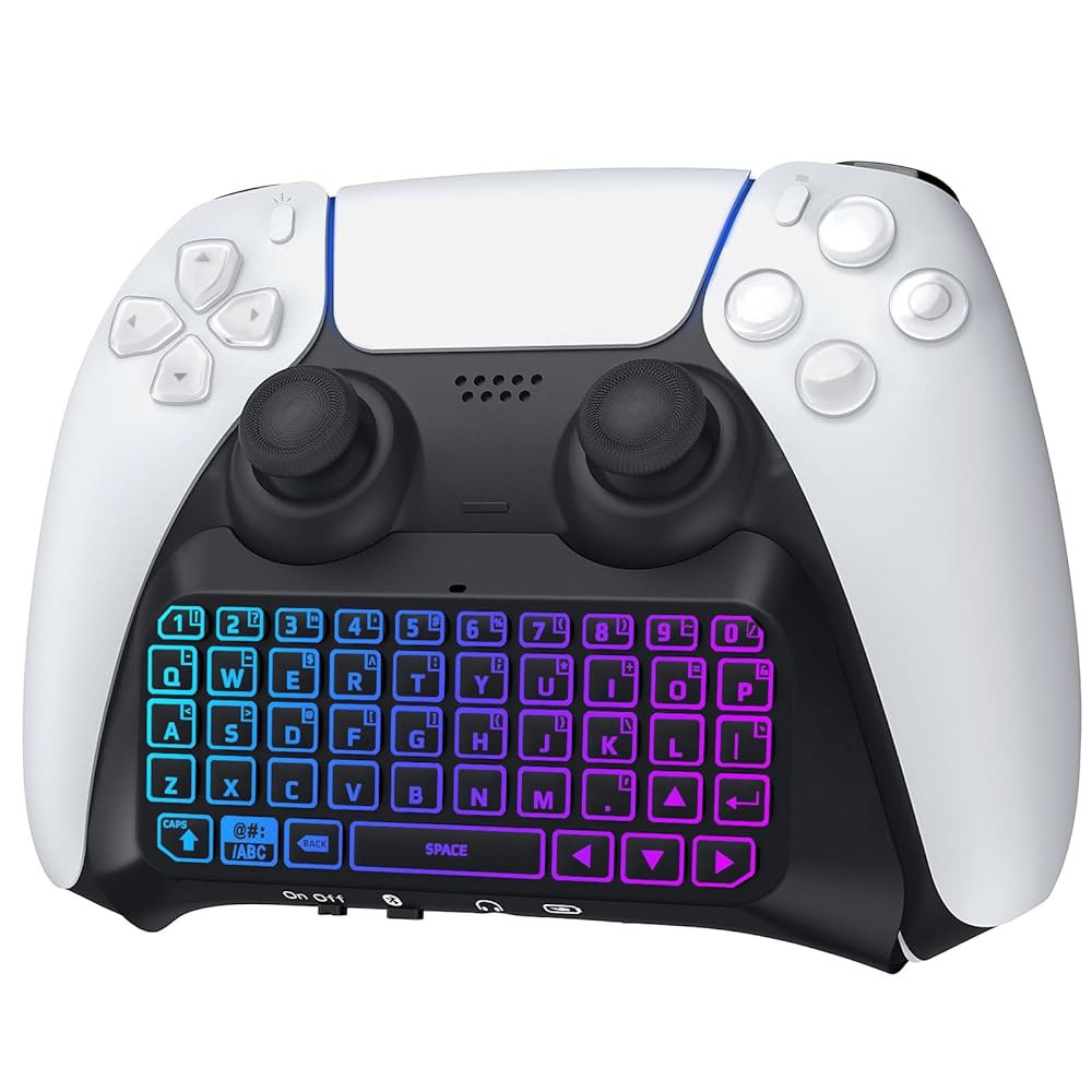 PS5 컨트롤러용 TiMOVO RGB 백라이트 키보드, PlayStation 5 무선 블루투스 키패드 채팅패드, 미니 멀티 컬러 게임 키보드 내장 3.5mm 오디오 잭, 블랙 - 상품 이미지