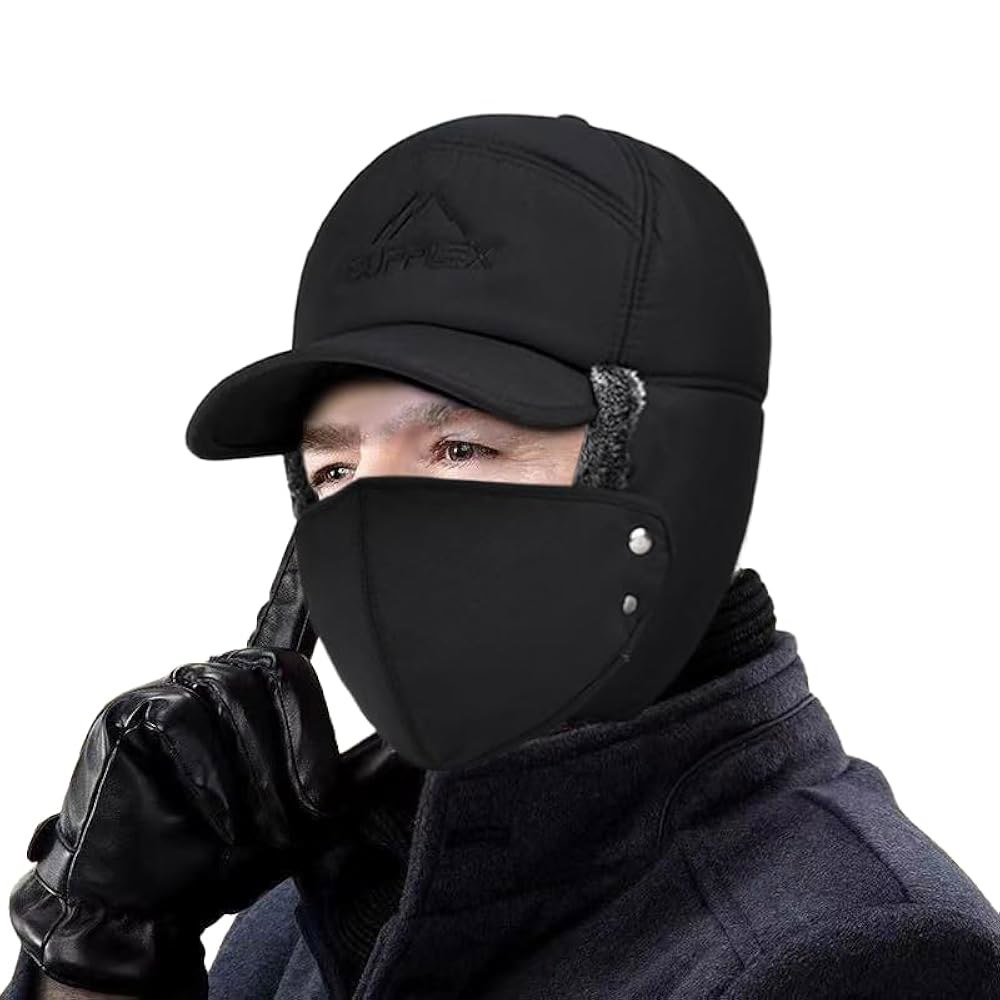 겨울 3 in 1 써멀 퍼 안감 트래퍼 모자와 이어 플랩 풀 페이스 워머 커버 방풍 사이클링 오토바이 헤드웨어 2 3-in-1 Black One Size - 상세 이미지 2