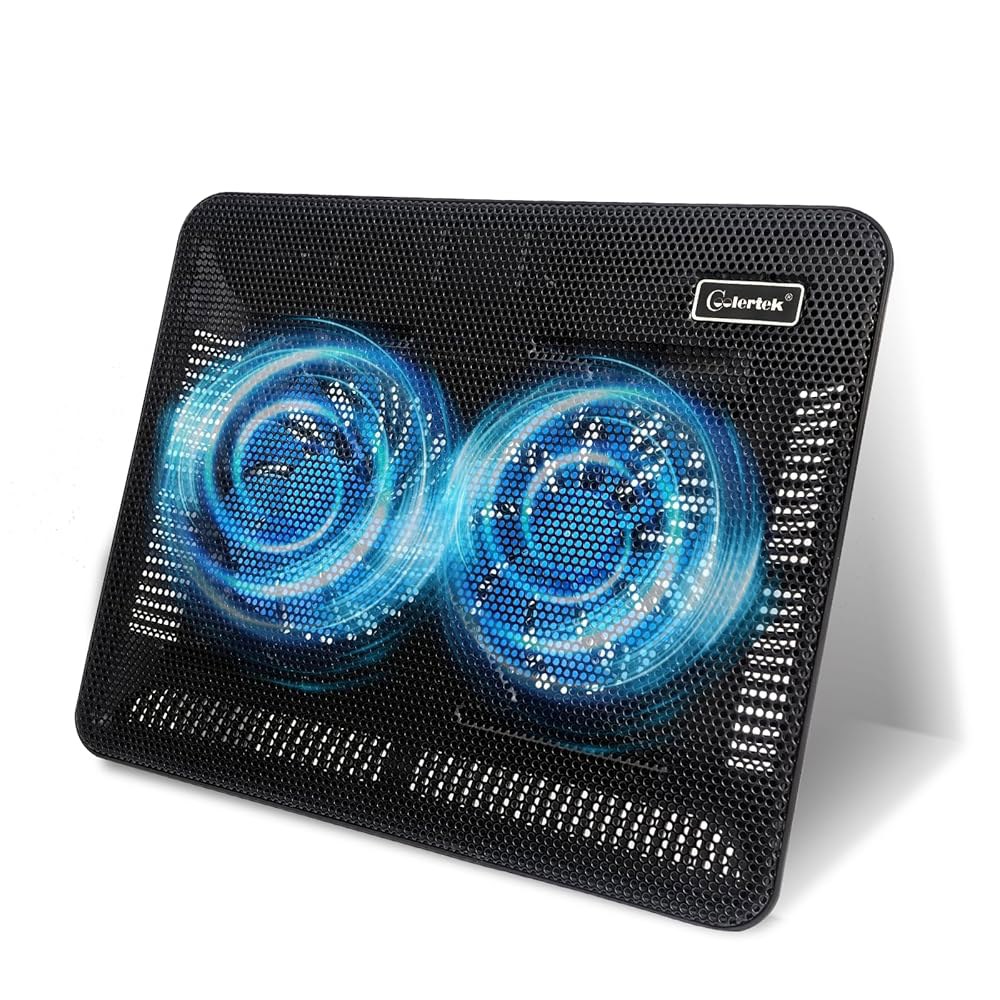 노트북 냉각 패드, 쿨러텍 휴대용 슬림 조용한 패드 스탠드, 파란색 LED 팬 2개, USB 전원, 각도 조절 가능, 11-14인치 노트북에 맞습니다 - 상품 이미지