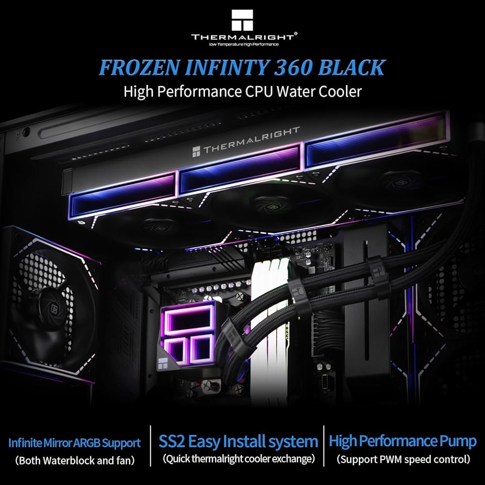 Thermalright Frozen Infinity 360 블랙 CPU 워터 쿨러, Aio 트리플 TL-M12 PWM 팬, 인피니티 미러 냉각, AM4 / AM5용, 인텔 LGA1 - 상세 이미지 2