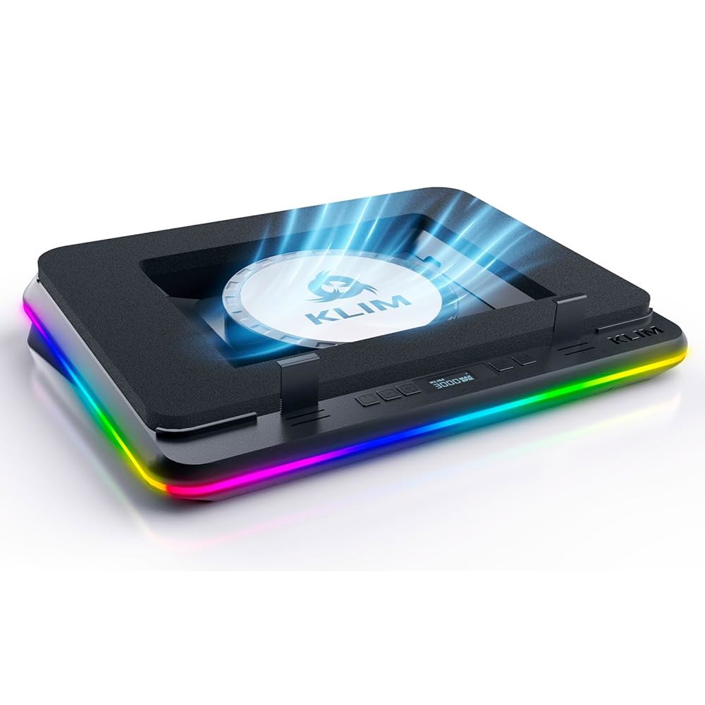 KLIM 터보프로스트 MAX - RGB 노트북 냉각 패드, 강력한 터보팬 XL을 갖춘 게이밍 쿨러, 고속 노트북, 15.6-17인치, 최적의 공기 흐름을 위한 스마트 인레이 시스템 - 상품 이미지