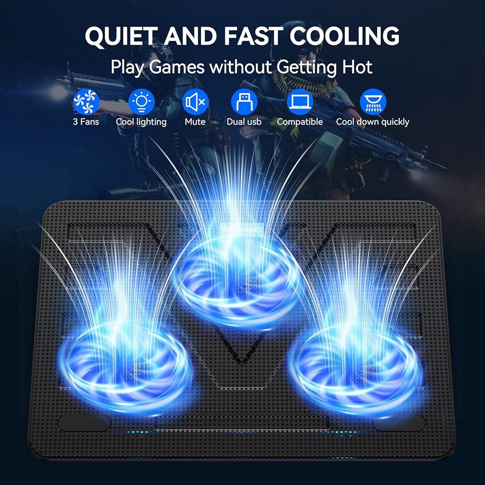 TECKNET 노트북 냉각 패드, 휴대용 슬림 콰이어트 USB 전원 패드 스탠드 파란색 LED 팬 3개 포함, 12-17인치(블랙) 장착 가능 Black - 상세 이미지 3