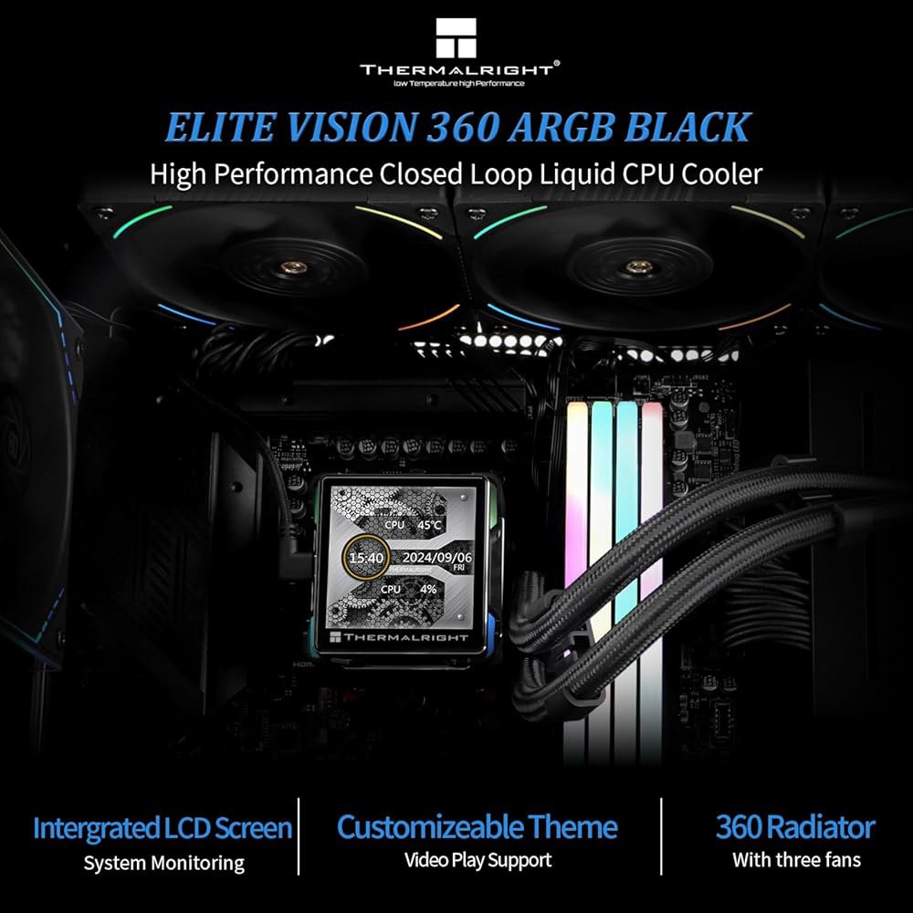 Thermalright Elite Vision 360 ARGB 블랙 CPU AIO 쿨러, 320 해상도의 IPS LCD 화면, AM5 & Intel 1700 / 1851용, 2.7 - 상세 이미지 2