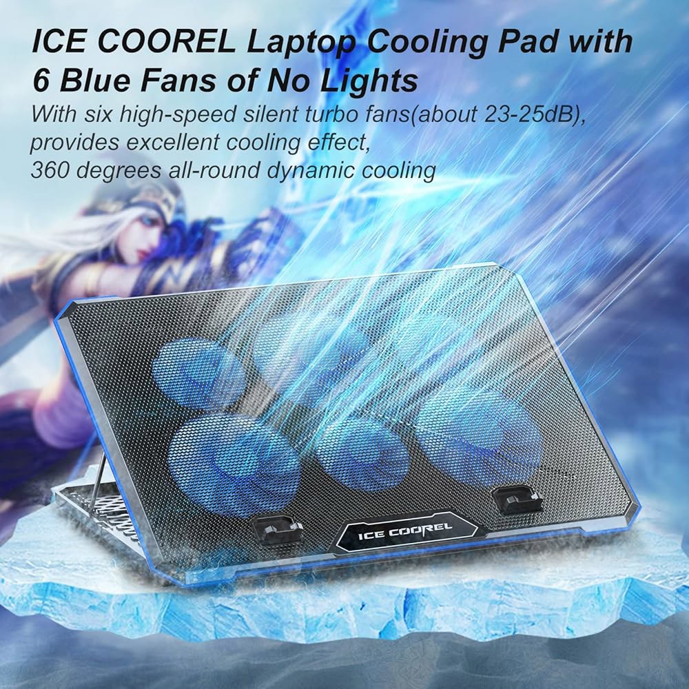 6개의 쿨링 팬이 있는 ICE COOREL 노트북 패드, 조명이 없는 쿨러 팬, 15-17인치 노트북용 9개의 높이 조절이 가능한 스탠드, 무릎이나 책상에서 사용할 수 패드 - 상세 이미지 2