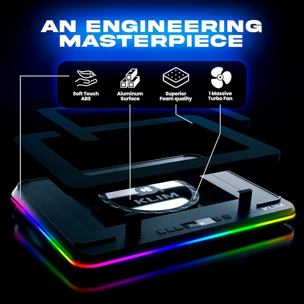 KLIM 터보프로스트 MAX - RGB 노트북 냉각 패드, 강력한 터보팬 XL을 갖춘 게이밍 쿨러, 고속 노트북, 15.6-17인치, 최적의 공기 흐름을 위한 스마트 인레이 시스템 - 상세 이미지 3