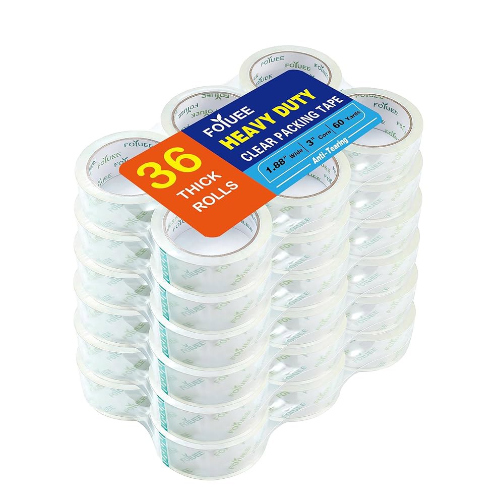 배송, 이동 및 보관을 위한 FOYUEE 강력 접착 포장 테이프(36롤). 투명 테이프, 워터 베이스, 크리스탈 클리어, 저취, 폭 1.88인치, 롤당 60야드, 총 2160야드 - 상품 이미지