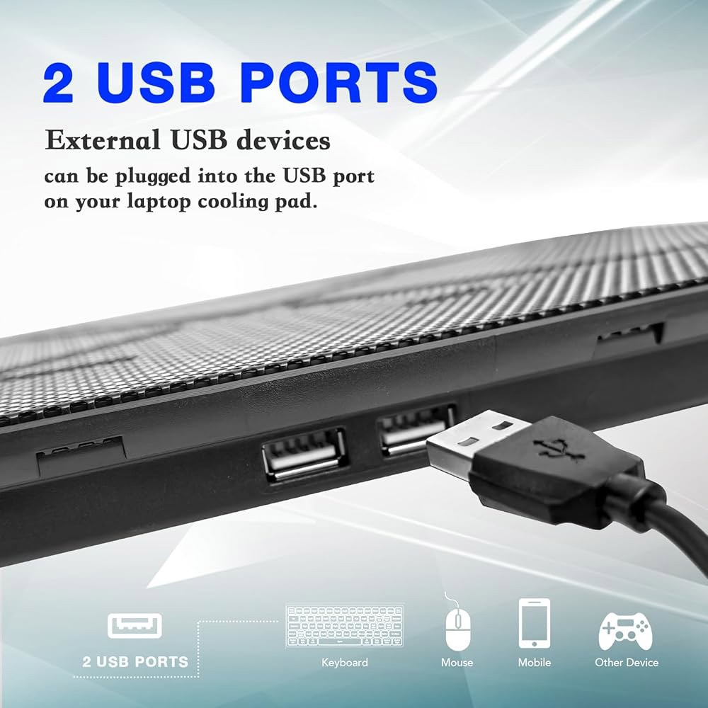 노트북 냉각 패드, 쿨러텍 휴대용 슬림 조용한 패드 스탠드, 파란색 LED 팬 2개, USB 전원, 각도 조절 가능, 11-14인치 노트북에 맞습니다 - 상세 이미지 3