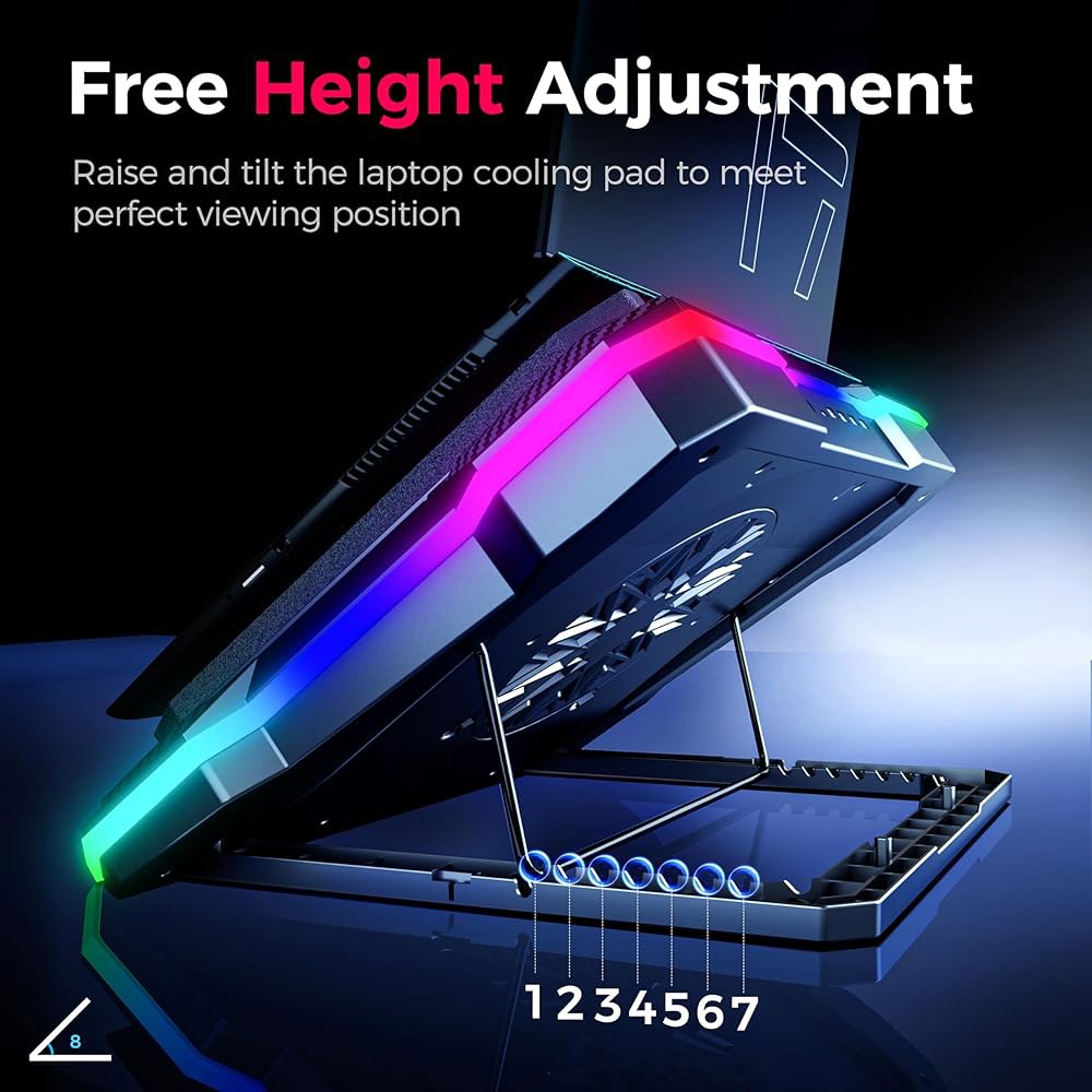강력한 쿨러 팬, RGB 조명, 15-19인치 노트북 및 PC 컴퓨터용 휴대폰 홀더를 갖춘 AICHESON 게이밍 쿨링 패드 - 상세 이미지 3