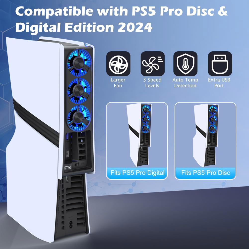 PS5 Pro용 냉각 팬, 효율적인 냉각기, 3개의 팬과 동적 속도 제어 및 스마트 슬립 모드, USB 3.0 포트가 있는 초조용한 스테이션, Pro 콘솔 2024 에디션 전용 - 상세 이미지 2
