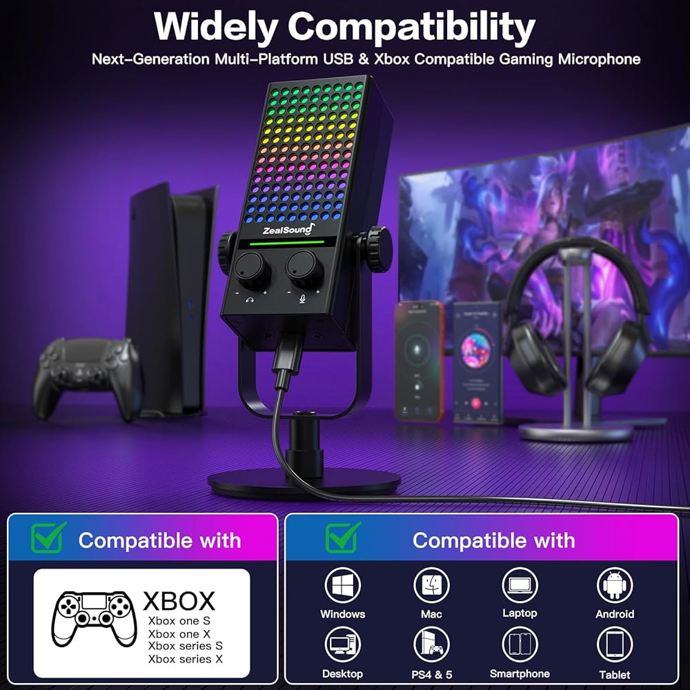Xbox, PC 및 Mac용 ZealSound 게이밍 마이크, 원탭 음소거 기능이 있는 노이즈 캔슬링 스트리밍 RGB 조명, 모니터링, 게인 컨트롤, 용 콘덴서 컴퓨터, 팟캐스트, - 상세 이미지 2