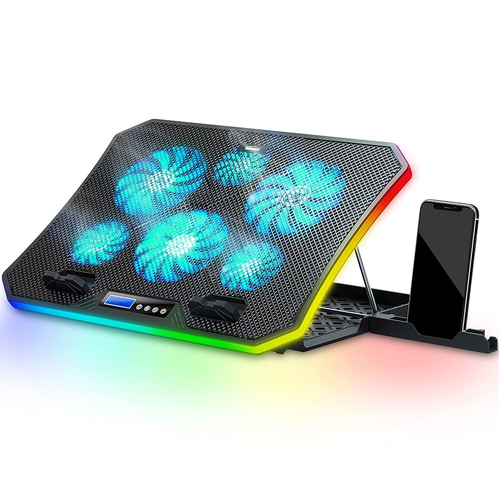 책상과 무릎에 사용할 수 있는 탑메이트 C12 노트북 쿨링 패드 RGB 게이밍 쿨러, 6개의 조용한 팬과 휴대폰 홀더가 8개의 조절 가능한 높이, 15.6-17.3인치 노트북-아이 - 상품 이미지