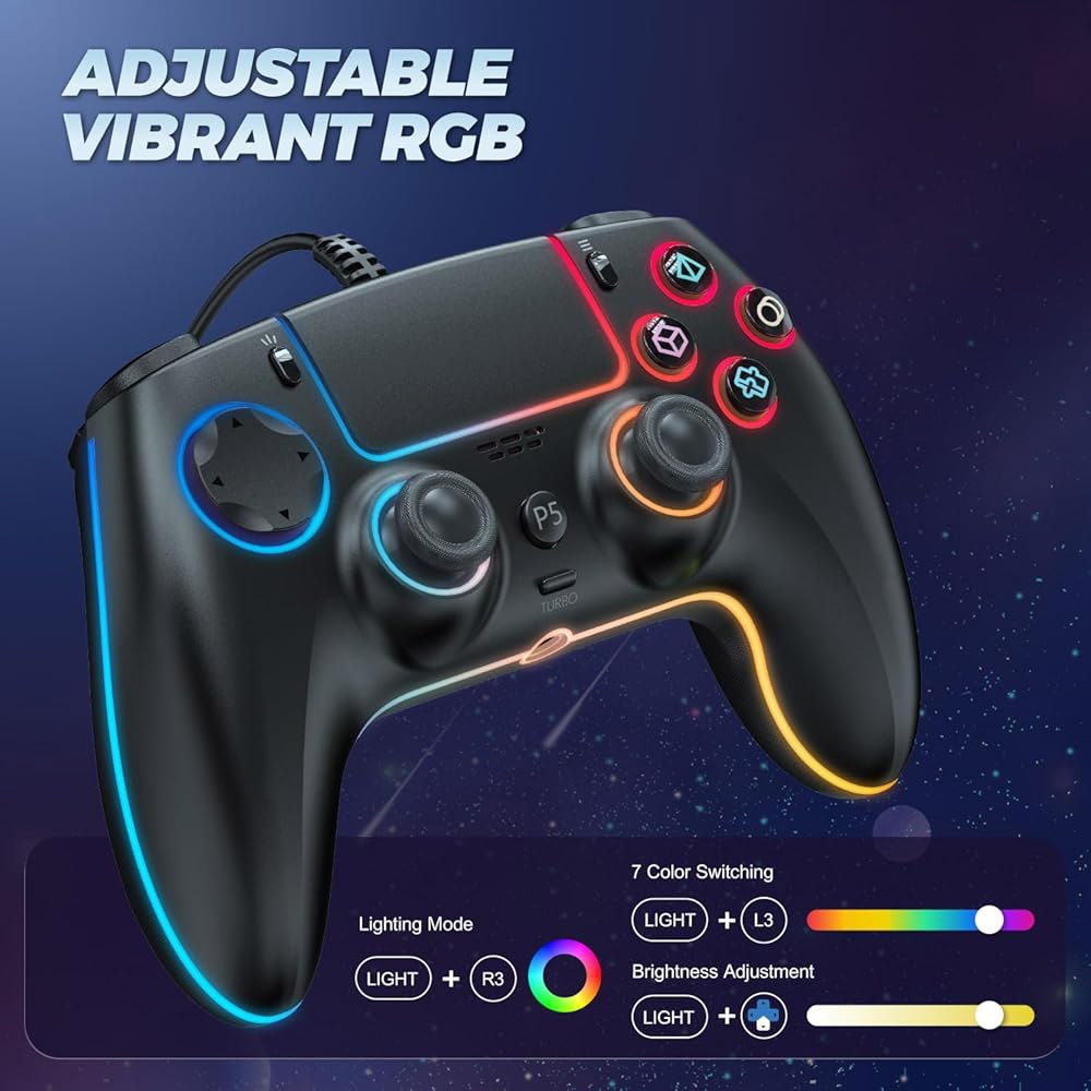 홀 효과 조이스틱과 트리거가 있는 PS5/PS4 및 PC용 GUOC RGB 유선 컨트롤러, 3.5mm 오디오 잭, 튜브로/마크로 기능 지원, 듀얼 진동 6축 모션 컨트롤 게임패드 - 상세 이미지 3
