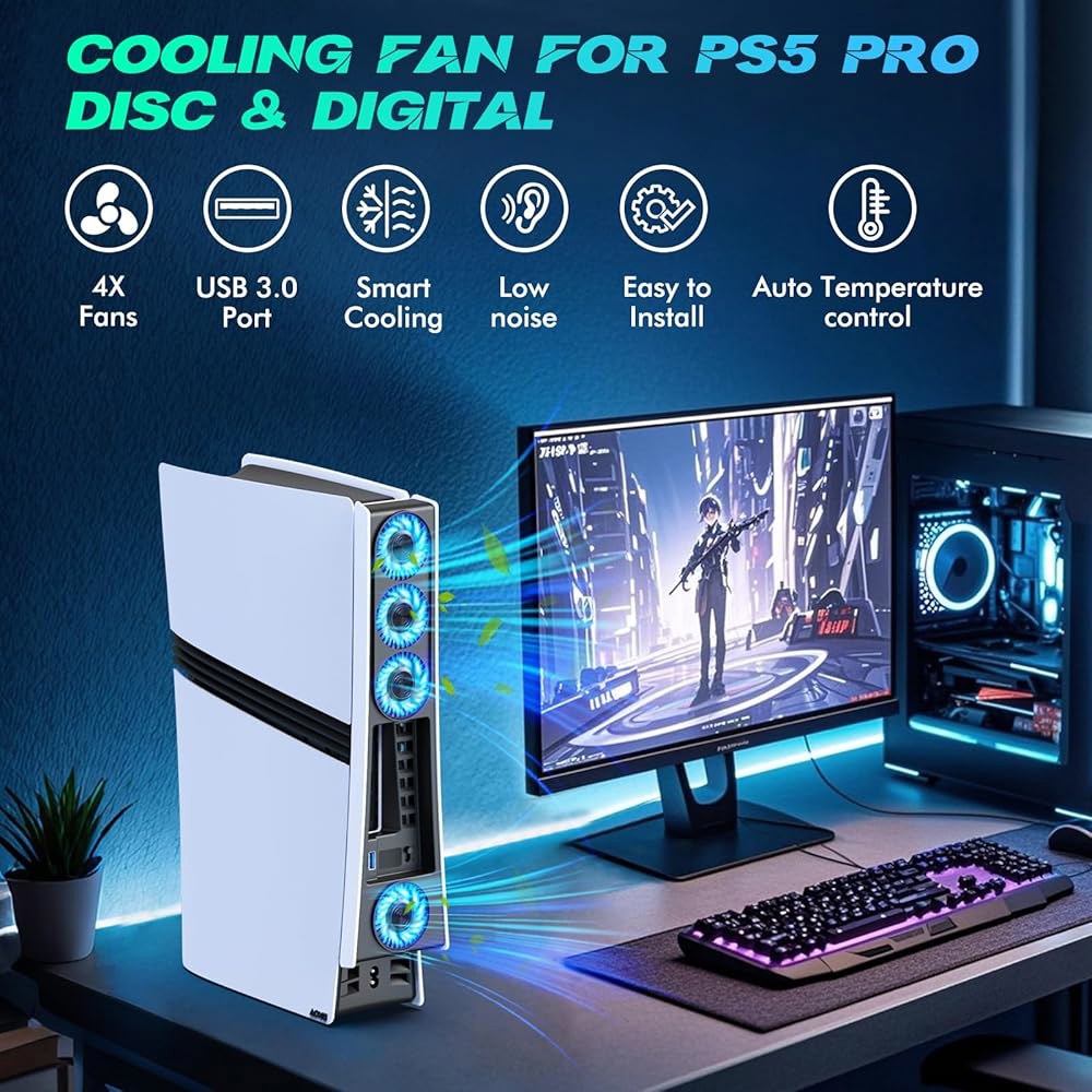 PS5 Pro 4 냉각 팬, 액세서리 팬 USB 3.0, 조절 가능한 효율적인 조용한 PlayStation5 온도 제어용 ps5 fan - 상세 이미지 2