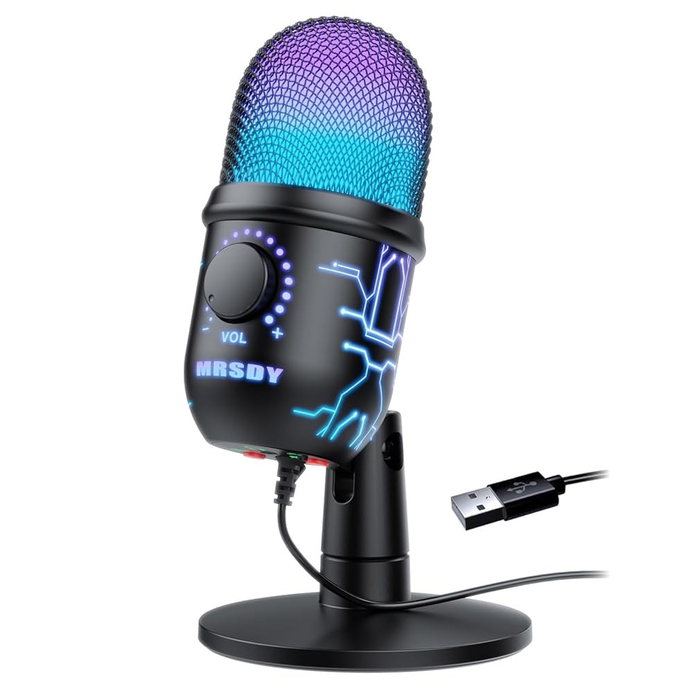 MRSDY 게이밍 마이크, PC, Mac, PS4/5용 USB 컴퓨터 스튜디오 녹음, 유튜브, 스트리밍용 콘덴서 팟캐스트 헤드폰 잭 포함, LED 조명, 음소거, 이득, 노이즈 - 상품 이미지
