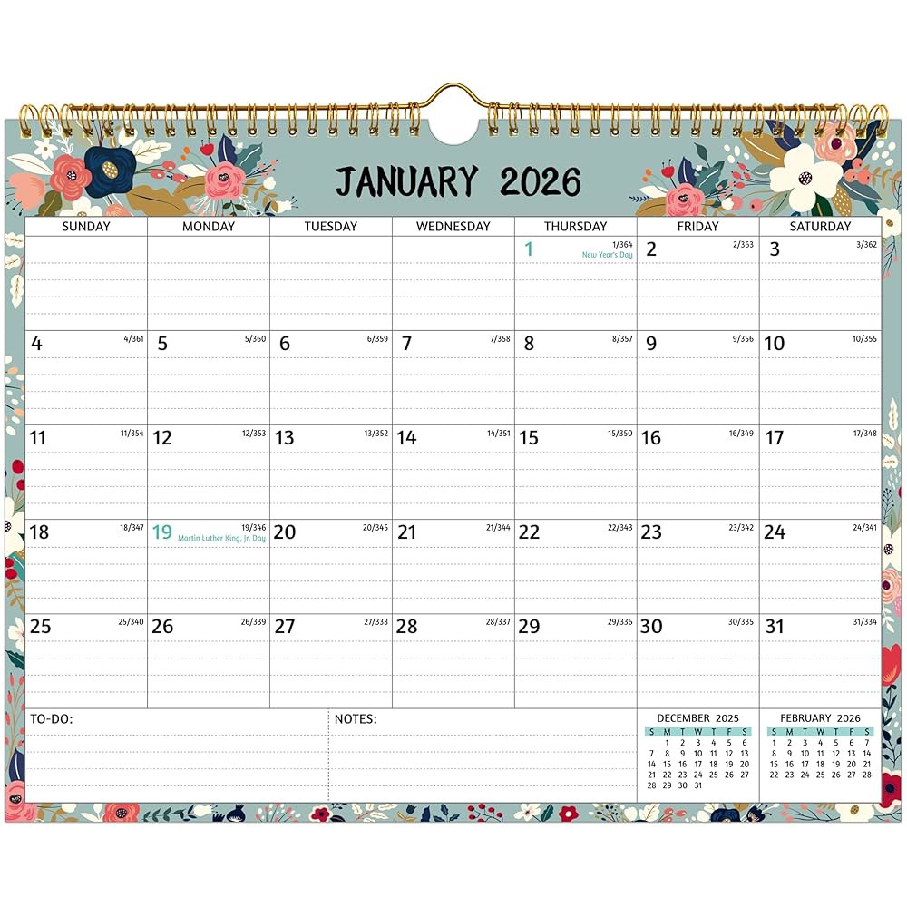 벽 달력 2026-2027 2년 유선 2026년 x 할 11.42인치), 두꺼운 - 24개월, 블록, 2026-2027, 메모 목록 월간 종이, 36.8 휴일, 1월 12월 일 - 상품 이미지