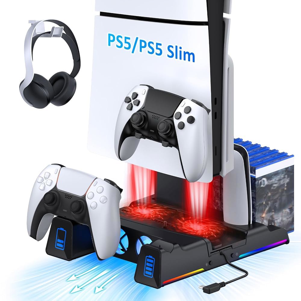 PS5 및 새로운 슬림 콘솔을 위한 넥 사일런트 쿨링 스탠드, RGB LED 조명, 듀얼 충전 스테이션, 듀얼_센스 엣지 컨트롤러, 하드 드라이브, 헤드셋 리모컨, 블랙 Black - 상품 이미지