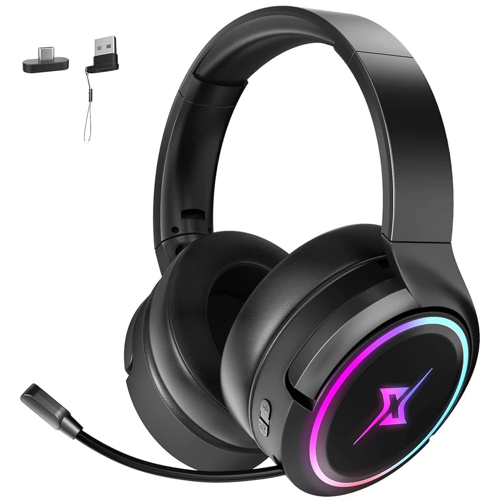 PC, PS4, PS5, Mac, 모바일용 타겟 2.4G 무선 게이밍 헤드셋 - 회전 및 접이식 블루투스 V5.3 헤드폰-20시간 배터리 RGB 라이트 메모리 이어 패드 신축성 - 상품 이미지