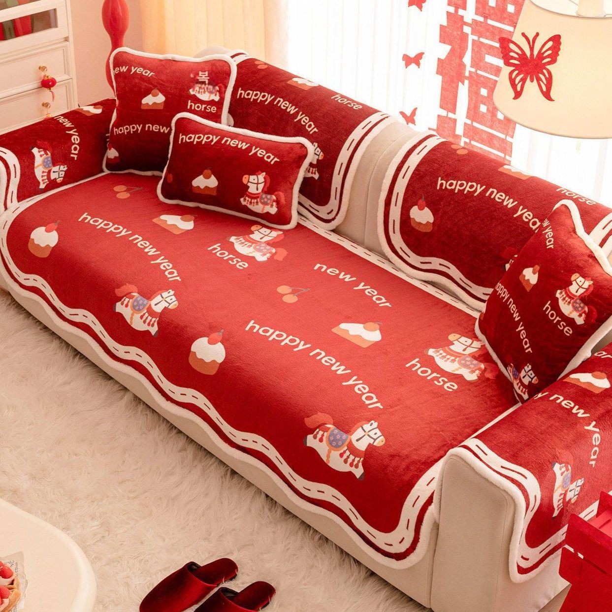2026년 붉은말의해 붉은말 레드 쇼파패드 마년 카툰 고급 논슬립 방석 소파커버