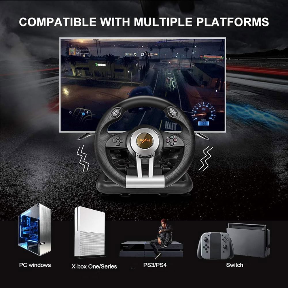 PC, PS4, Xbox One, Series X|S, 스위치용 선형 페달과 레이싱 패들이 장착된 PXN 스티어링 휠 V3II 180 PC 게이밍 드라이빙 - 블랙 - 상세 이미지 2