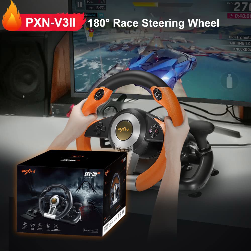 PXN PC 레이싱 휠, V3 PRO 180도 유니버설 USB 자동차 심 게임 스티어링 PC, Xbox One, Series S/X, PS3, PS4, 스위치용 페달 포함 - 상세 이미지 3