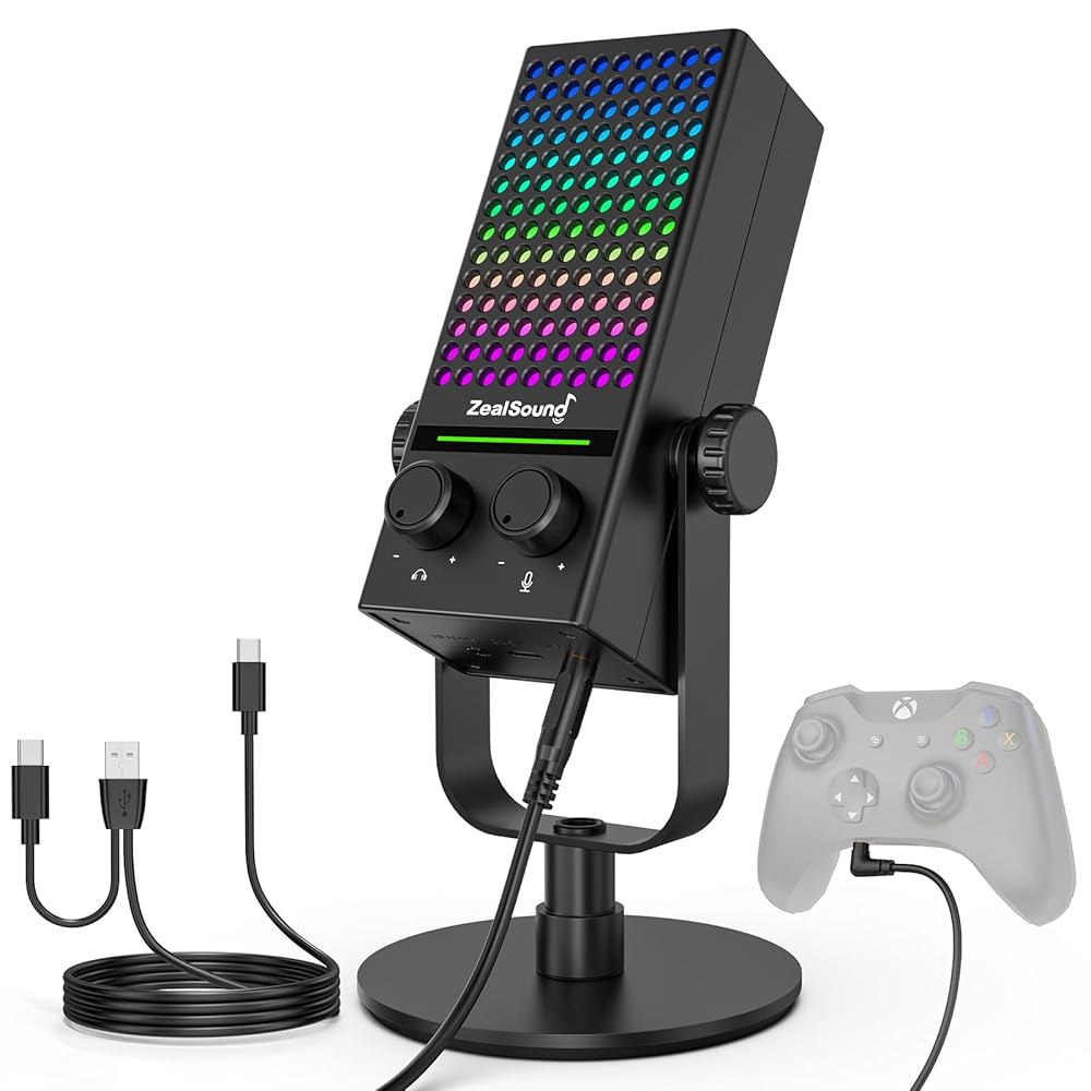 Xbox, PC 및 Mac용 ZealSound 게이밍 마이크, 원탭 음소거 기능이 있는 노이즈 캔슬링 스트리밍 RGB 조명, 모니터링, 게인 컨트롤, 용 콘덴서 컴퓨터, 팟캐스트, - 상품 이미지